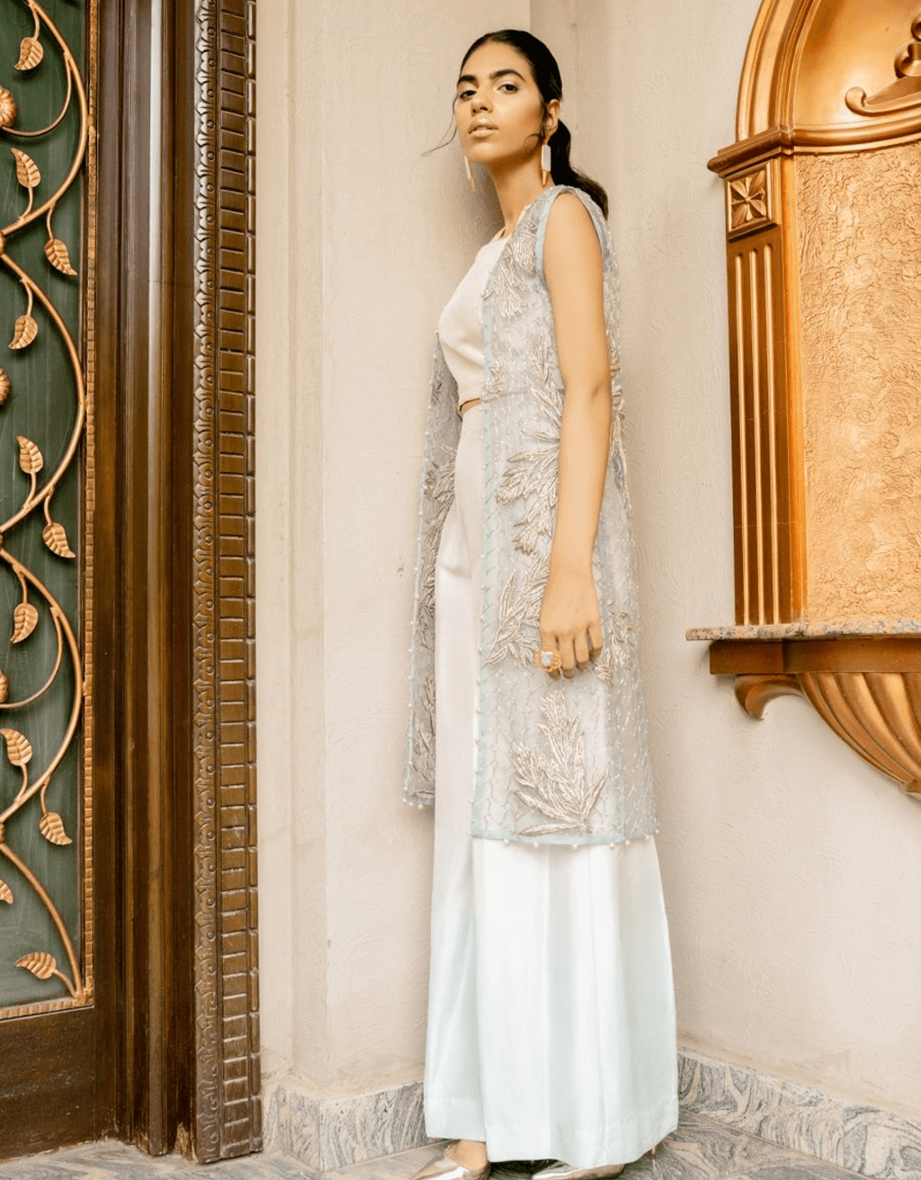 Pakistani Powder Blue Embroidered Organza Salwar Kameez (3-Piece) - Image 1