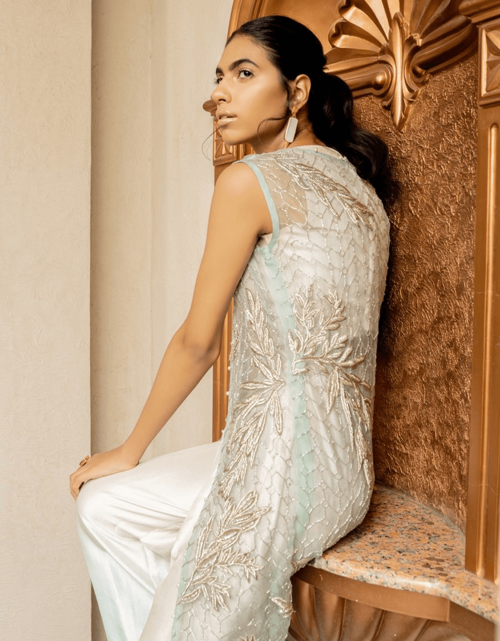 Pakistani Powder Blue Embroidered Organza Salwar Kameez (3-Piece) - Image 2