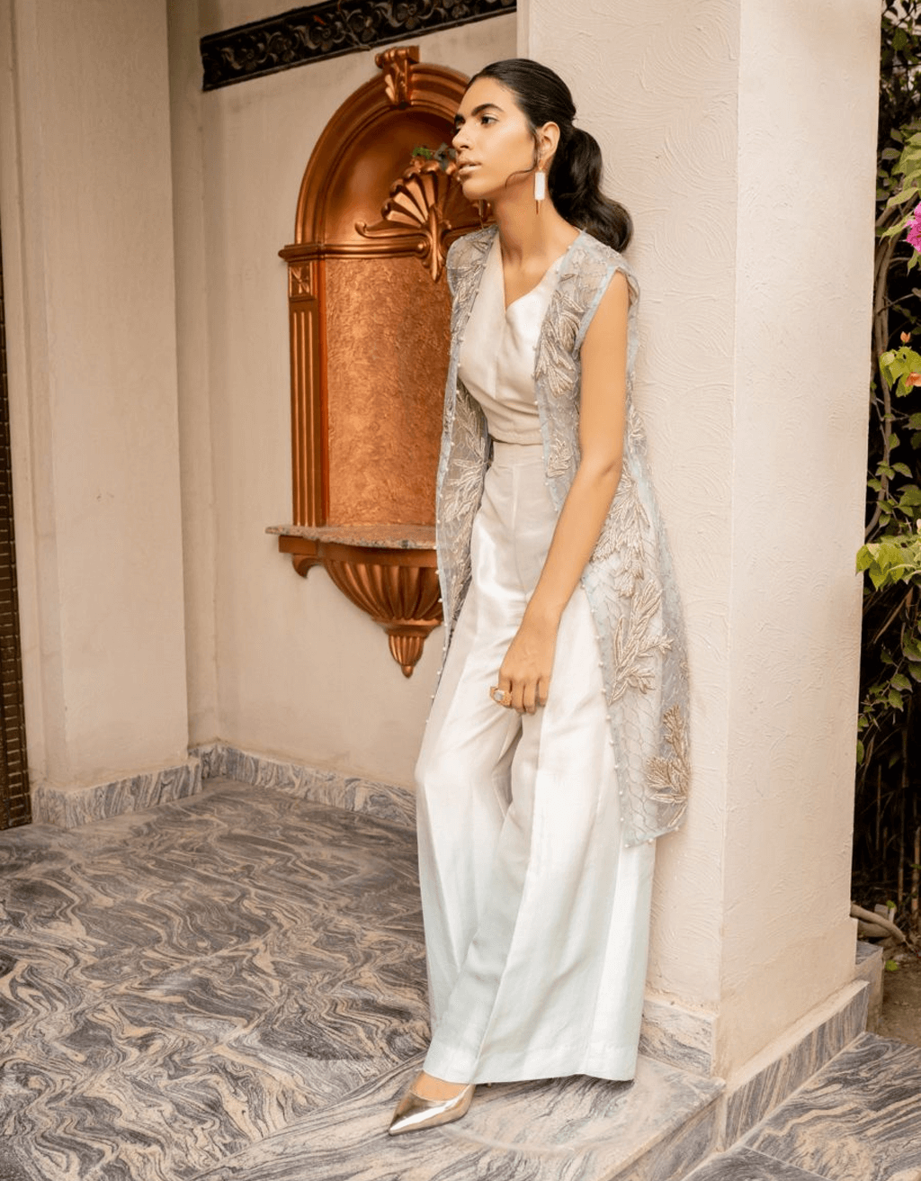 Pakistani Powder Blue Embroidered Organza Salwar Kameez (3-Piece) - Image 3