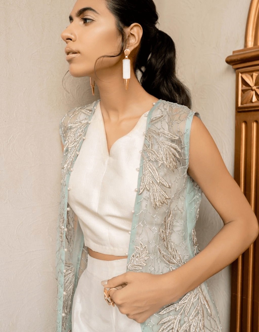 Pakistani Powder Blue Embroidered Organza Salwar Kameez (3-Piece) - Image 4