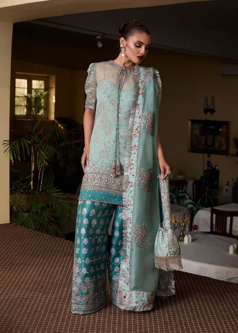 Pakistani Ice Blue Embroidered Organza Salwar Kameez (3-Piece) - Image 1