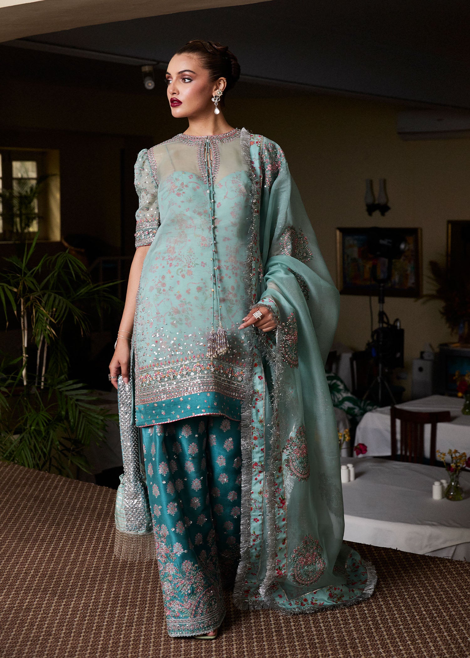 Pakistani Ice Blue Embroidered Organza Salwar Kameez (3-Piece) - Image 4
