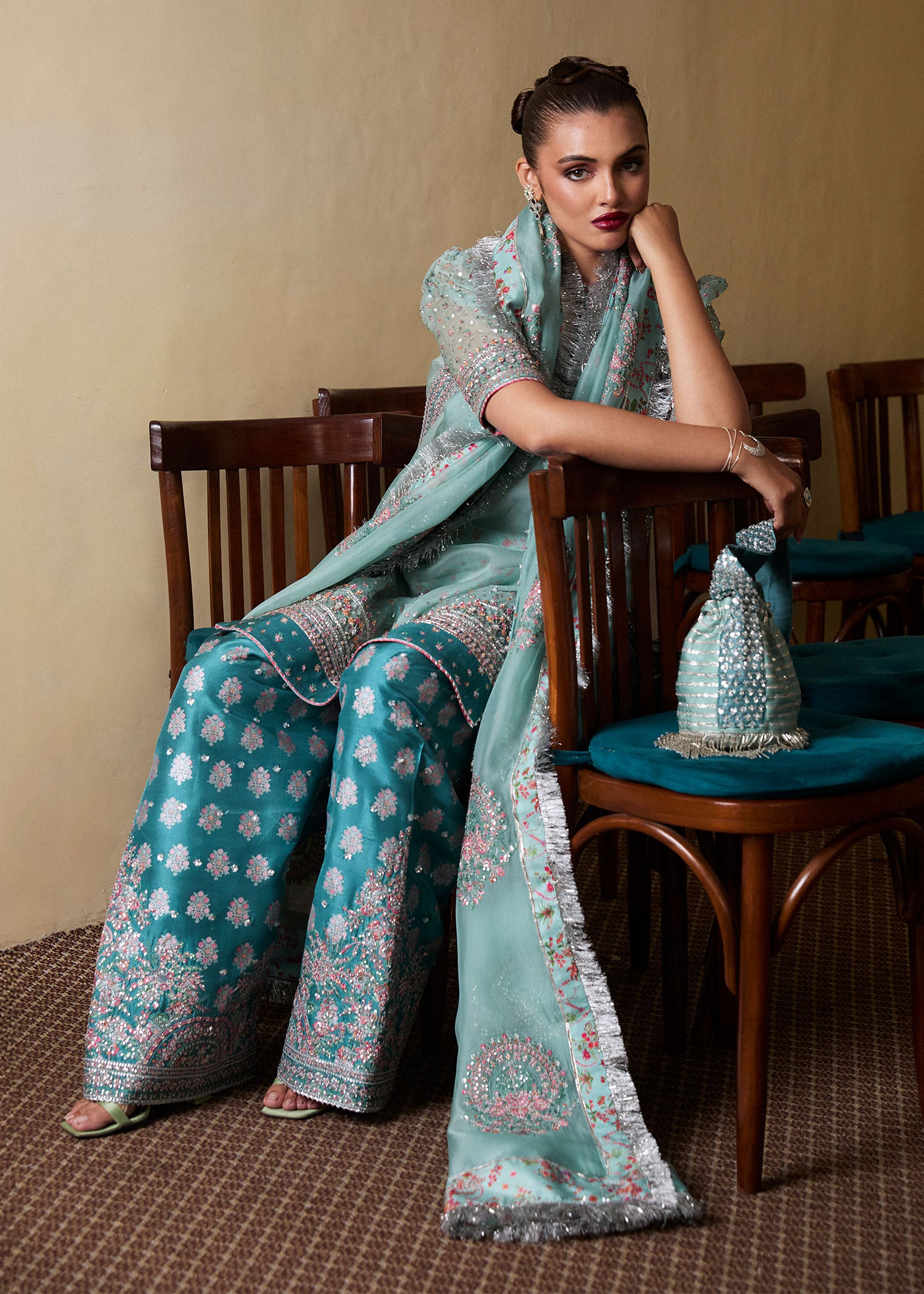 Pakistani Ice Blue Embroidered Organza Salwar Kameez (3-Piece) - Image 5