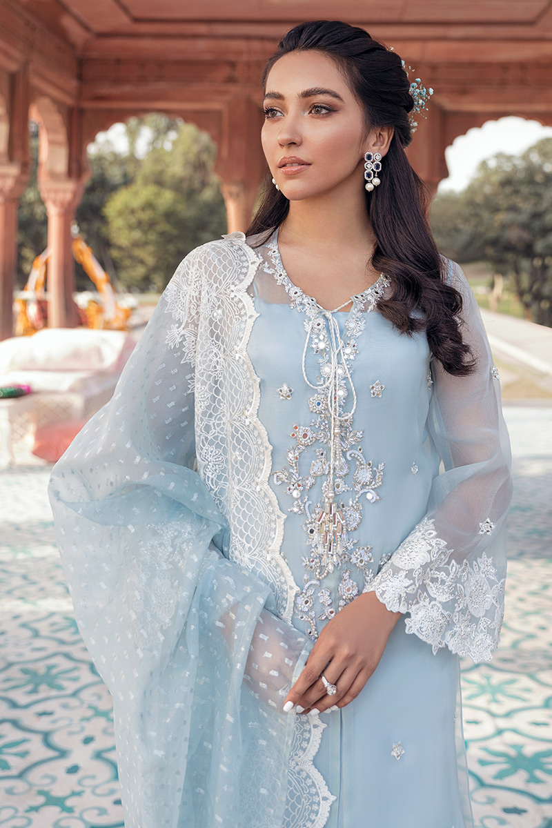 Pakistani Ice Blue Embellished Organza Salwar Kameez (3-Piece) - Image 5