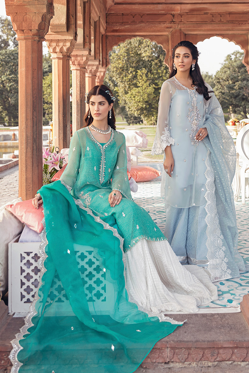 Pakistani Ice Blue Embellished Organza Salwar Kameez (3-Piece) - Image 6