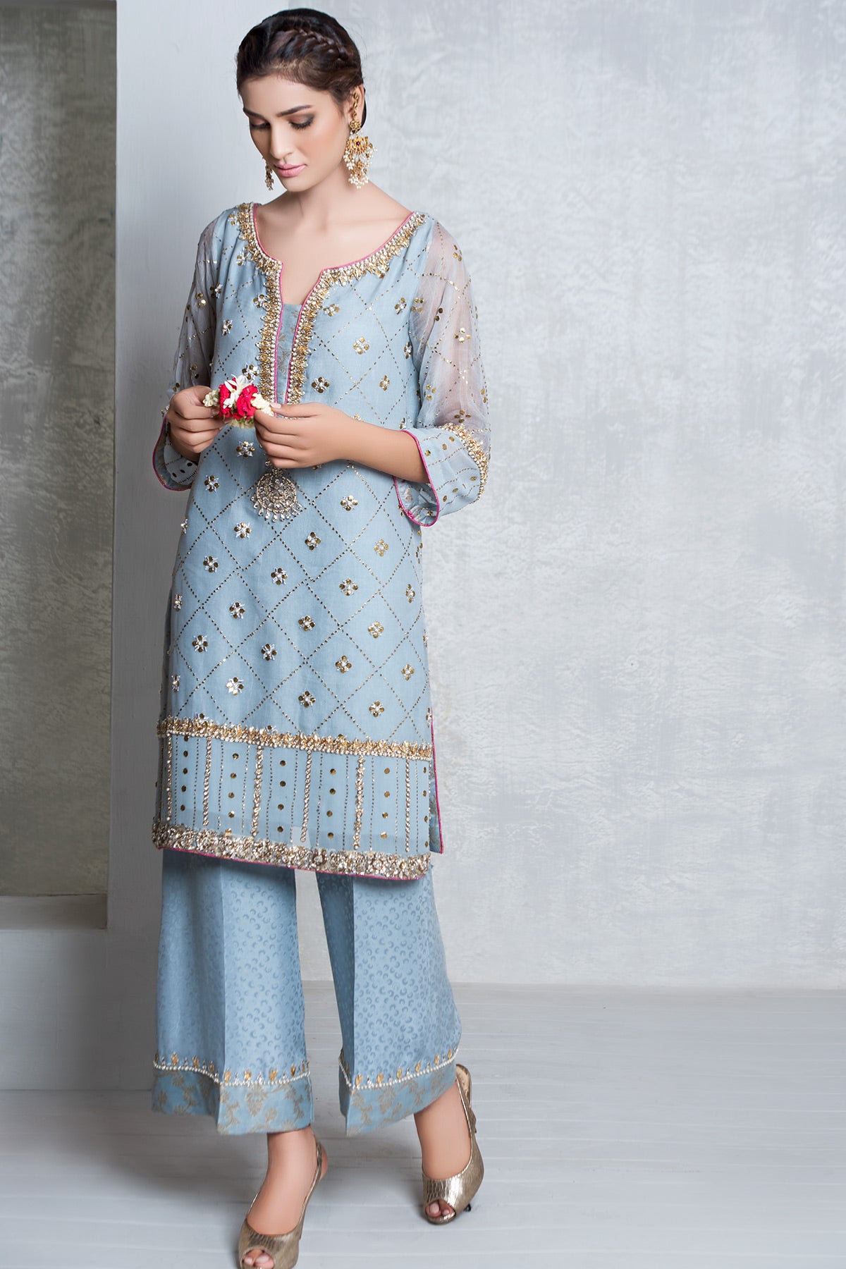 Powder Blue Mukesh Organza Kameez with Silk Trousers (2-Piece) - Image 1