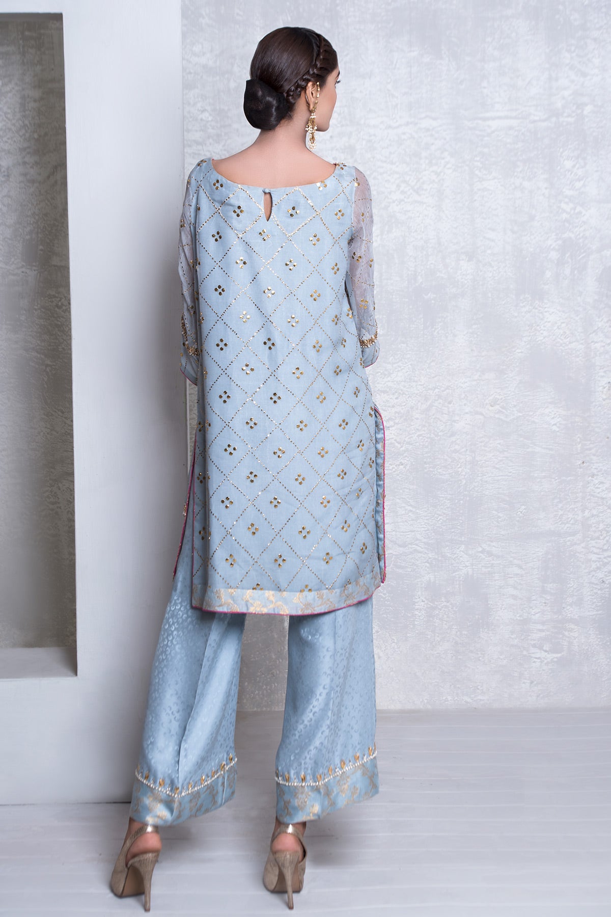 Powder Blue Mukesh Organza Kameez with Silk Trousers (2-Piece) - Image 2
