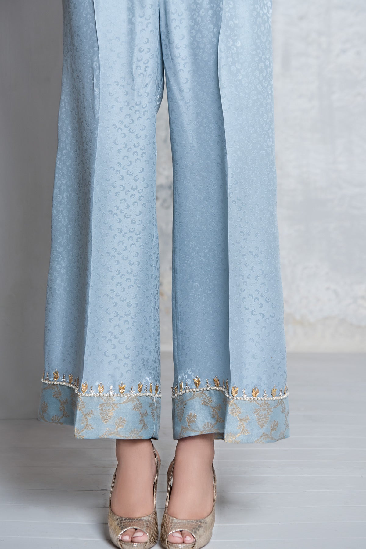 Powder Blue Mukesh Organza Kameez with Silk Trousers (2-Piece) - Image 3