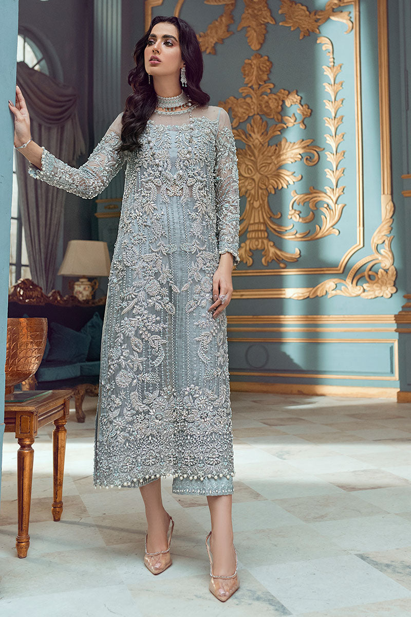 Pakistani Ice Blue Embroidered Pure Organza Salwar Kameez (3-Piece) - Image 2