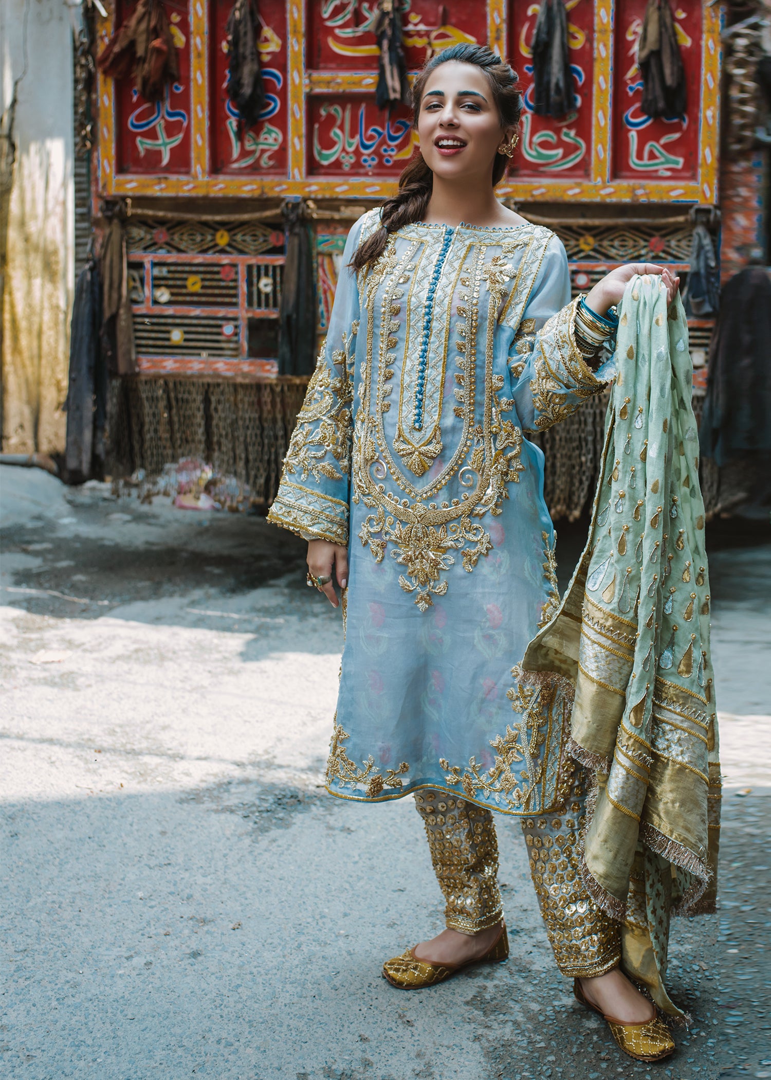 Blue Embroidered Organza Salwar Kameez (3-Piece) - Image 1