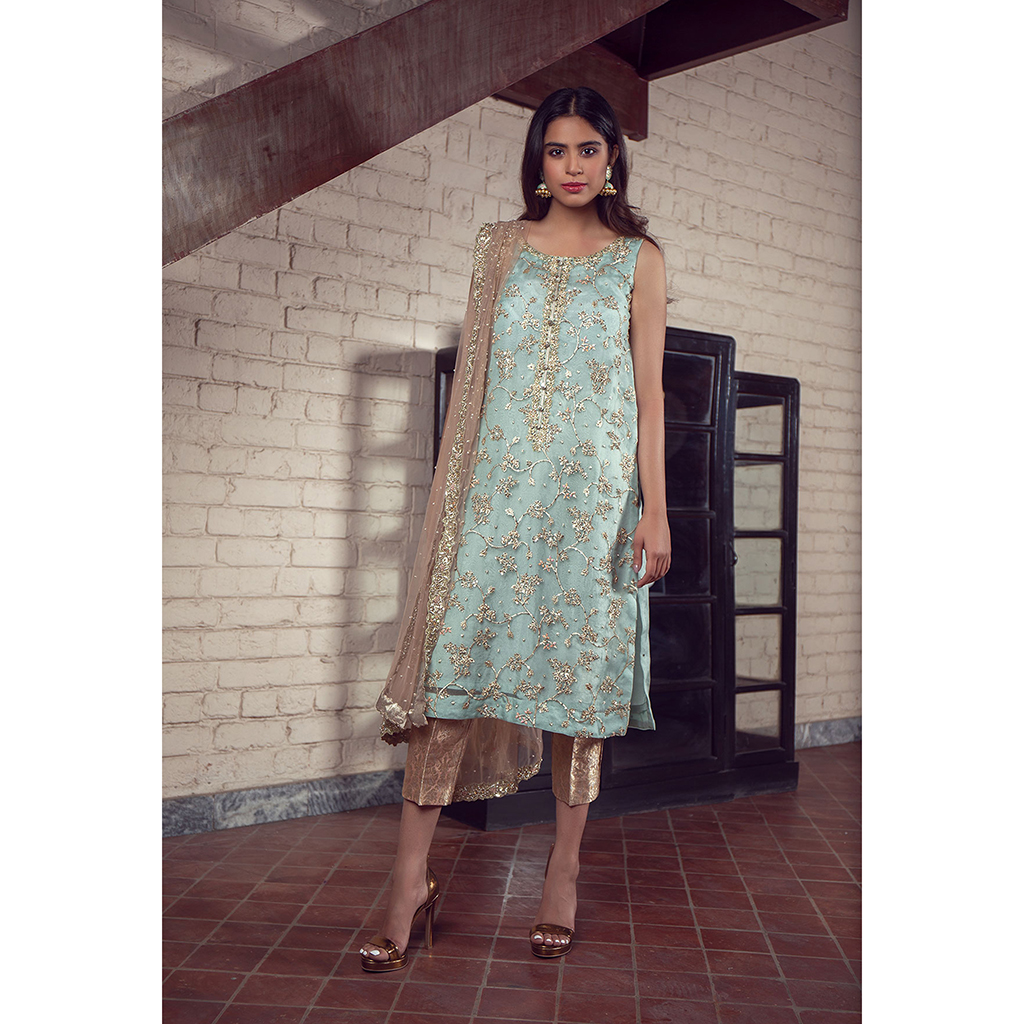 Pakistani Aqua Pearl Sequin Organza Salwar Kameez (3-Piece) - Image 1