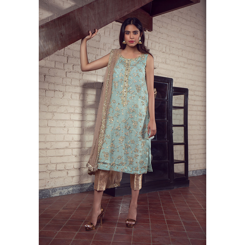 Pakistani Aqua Pearl Sequin Organza Salwar Kameez (3-Piece) - Image 2