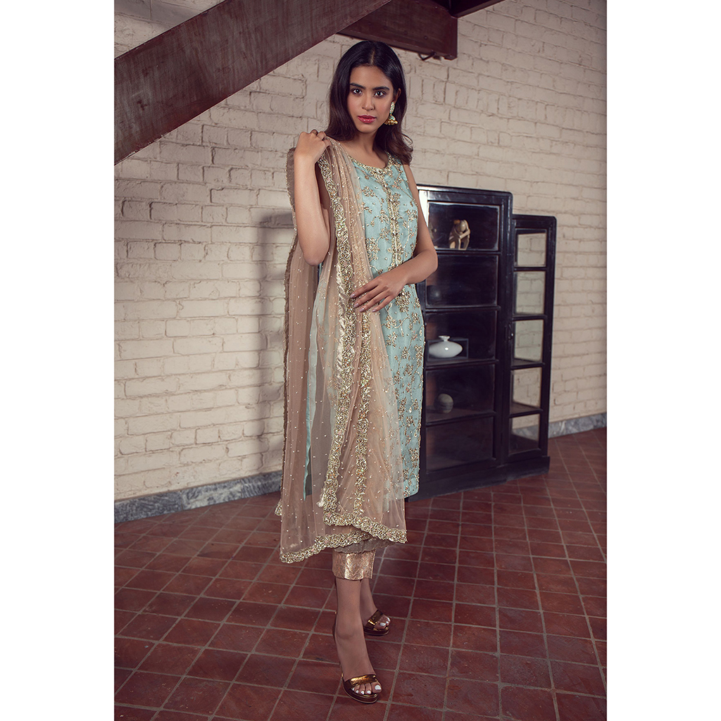 Pakistani Aqua Pearl Sequin Organza Salwar Kameez (3-Piece) - Image 3