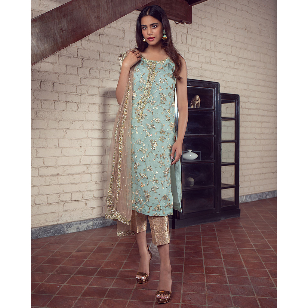 Pakistani Aqua Pearl Sequin Organza Salwar Kameez (3-Piece) - Image 4