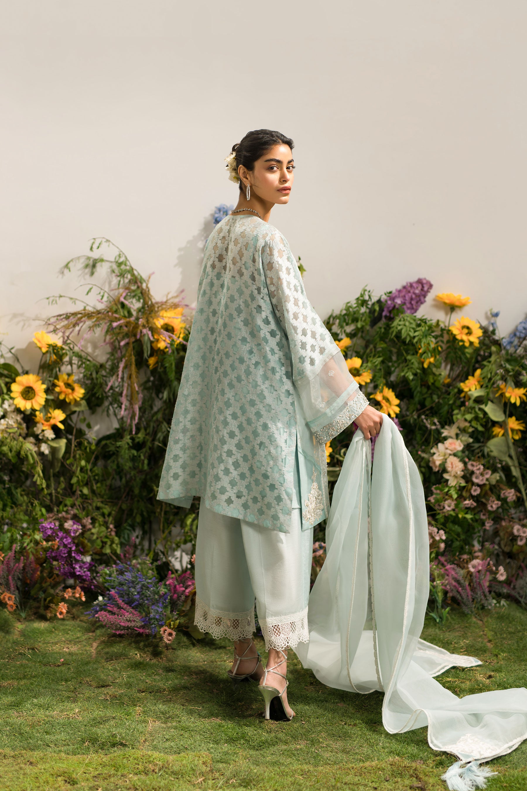Pakistani Pastel Sky Blue Embroidered Organza Salwar Kameez (4-Piece) - Image 3