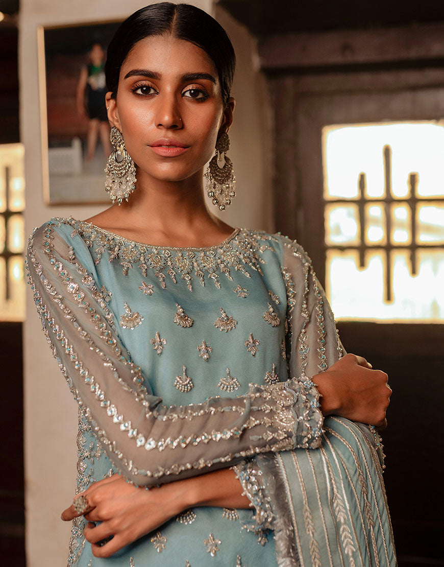 Pastel Blue Embellished Organza & Raw Silk Salwar Kameez (3-Piece) - Image 1
