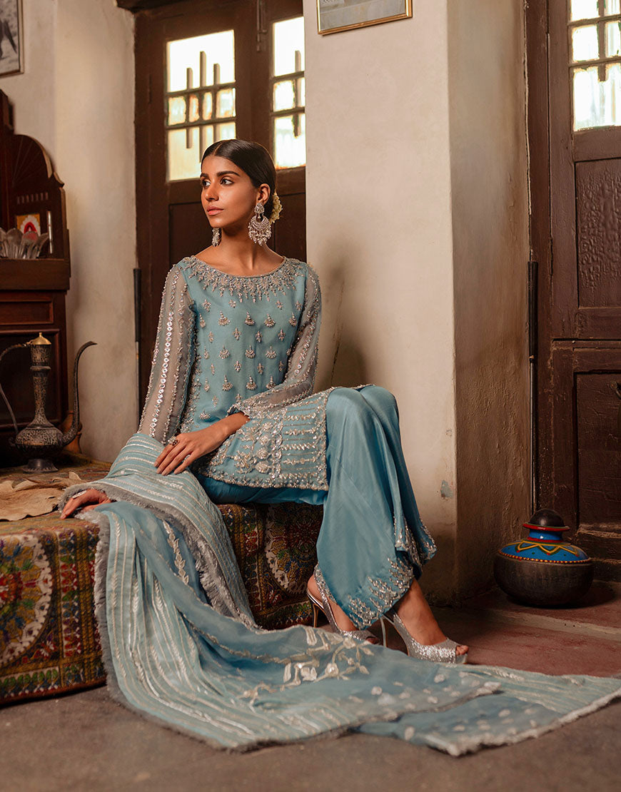Pastel Blue Embellished Organza & Raw Silk Salwar Kameez (3-Piece) - Image 2