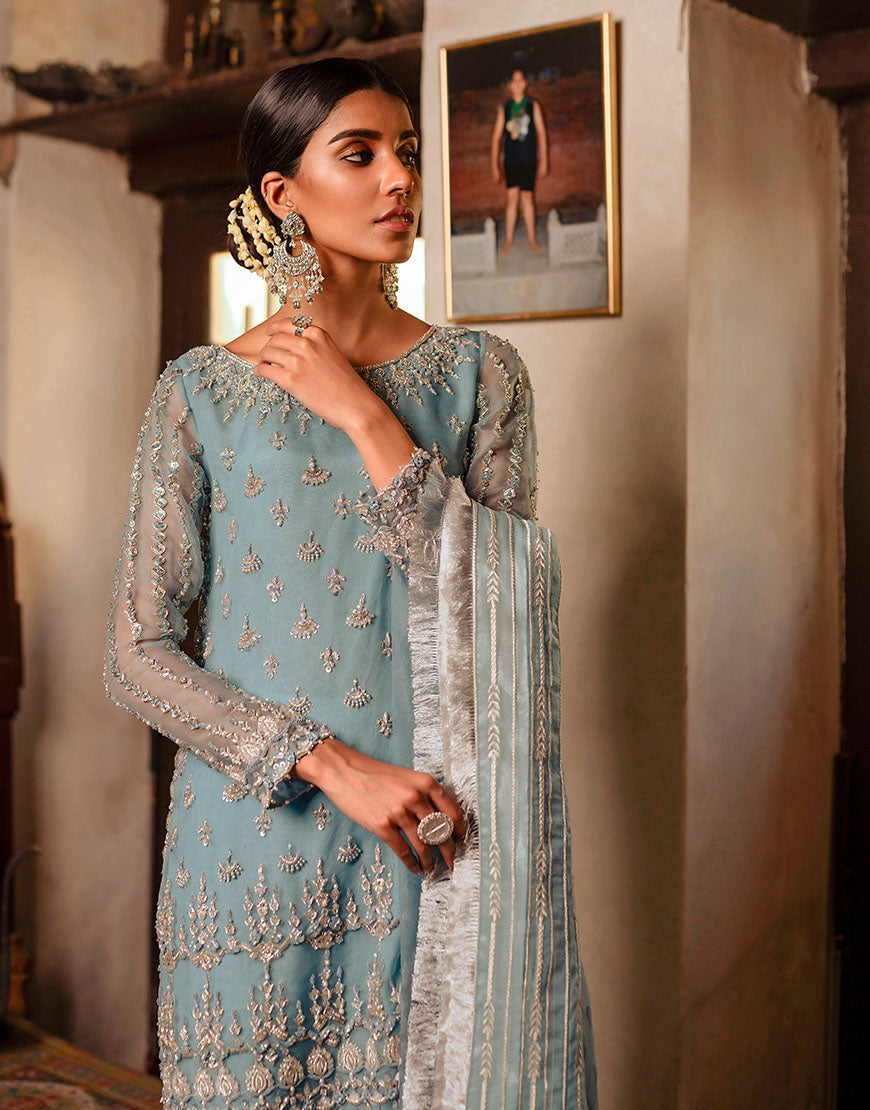 Pastel Blue Embellished Organza & Raw Silk Salwar Kameez (3-Piece) - Image 3