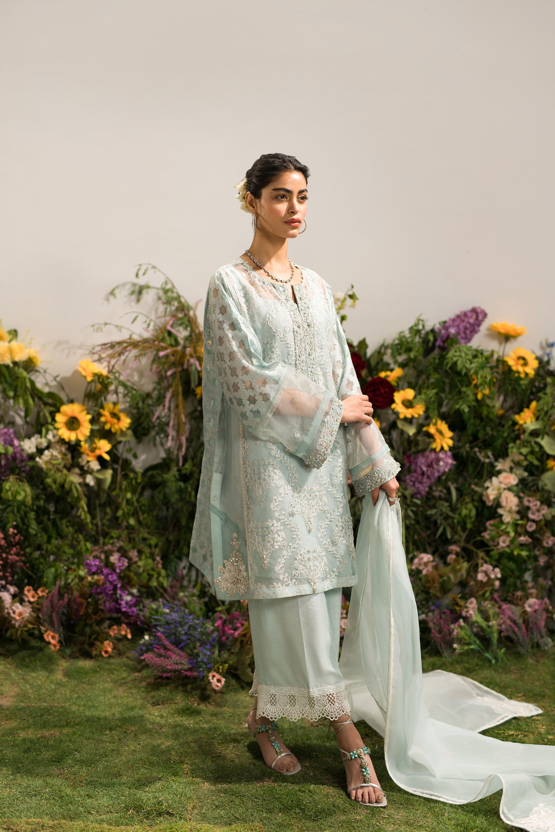 Pakistani Pastel Sky Blue Embroidered Organza & Raw Silk Salwar Kameez (4-Piece) - Image 1