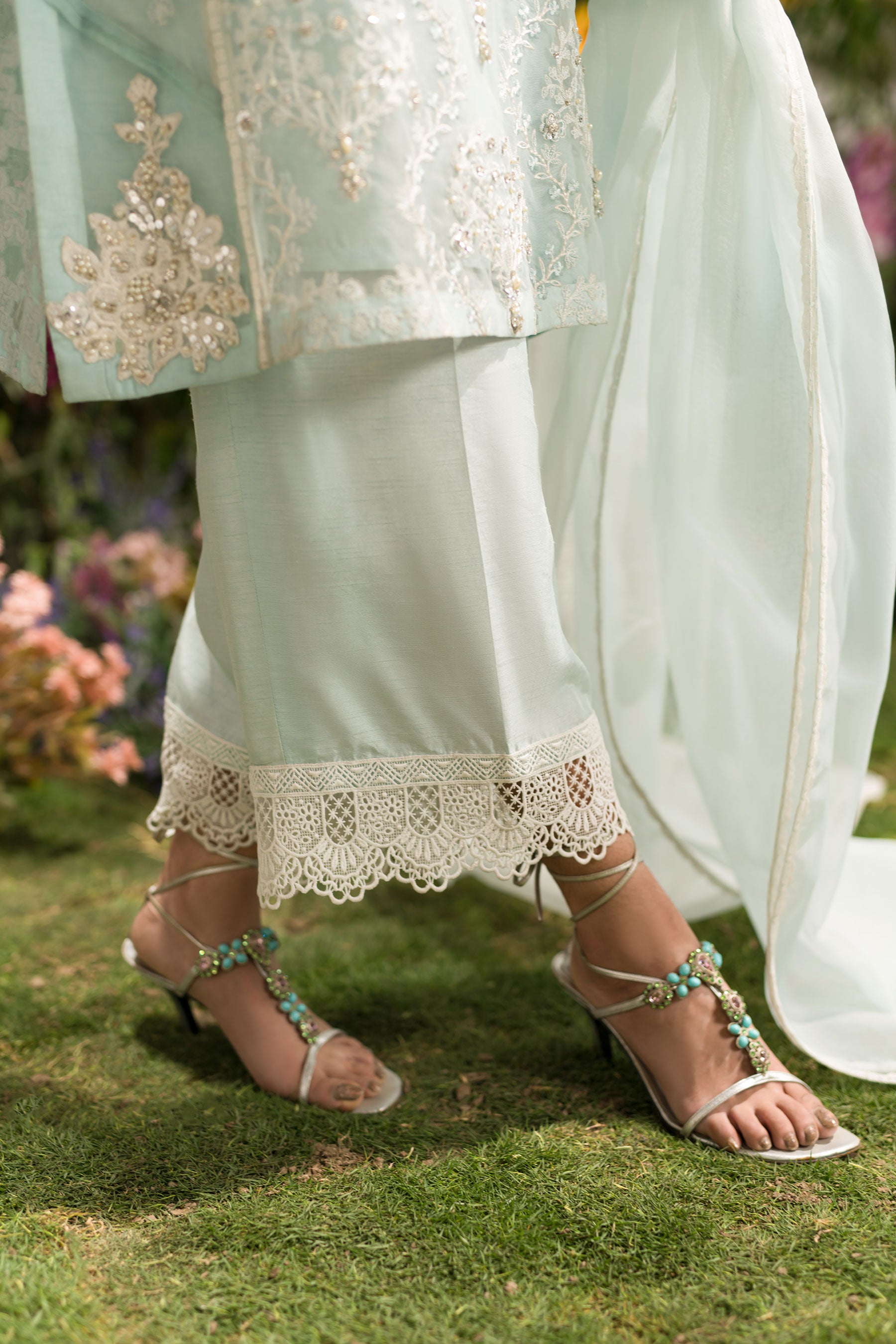 Pakistani Pastel Sky Blue Embroidered Organza & Raw Silk Salwar Kameez (4-Piece) - Image 2