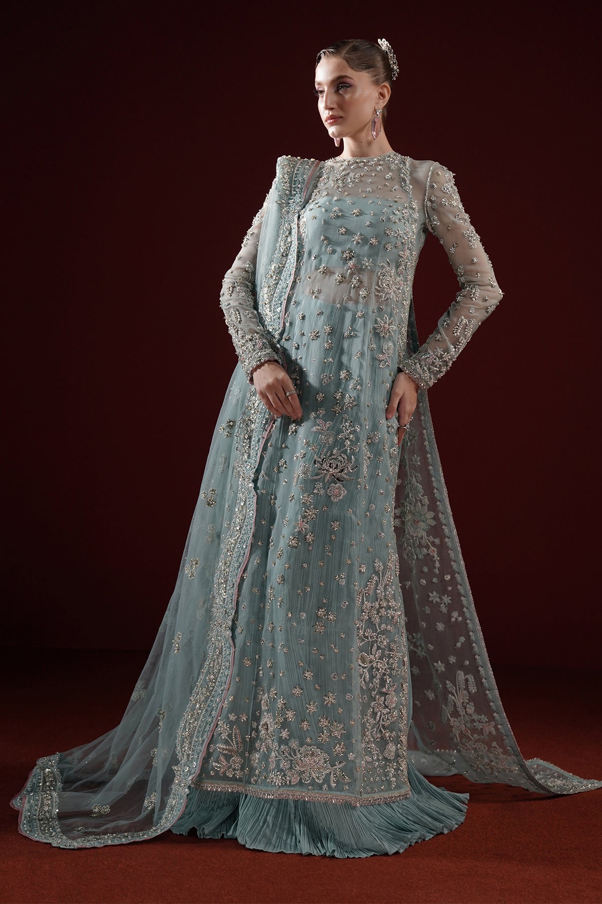 Pakistani Powder Blue Embroidered Organza Salwar Kameez (3-Piece) - Image 1