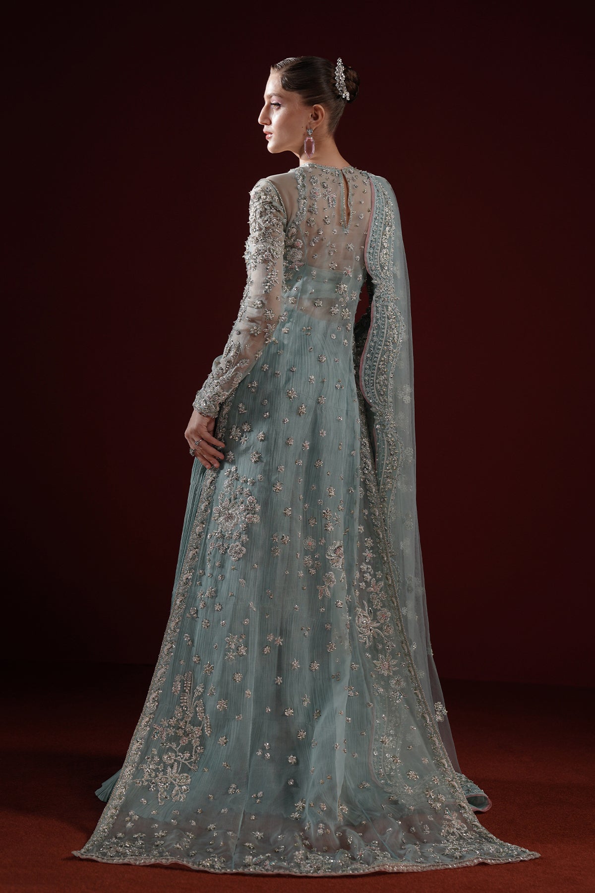 Pakistani Powder Blue Embroidered Organza Salwar Kameez (3-Piece) - Image 2