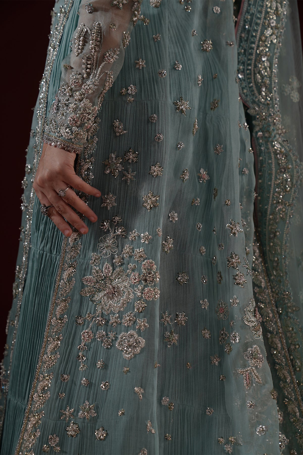 Pakistani Powder Blue Embroidered Organza Salwar Kameez (3-Piece) - Image 3