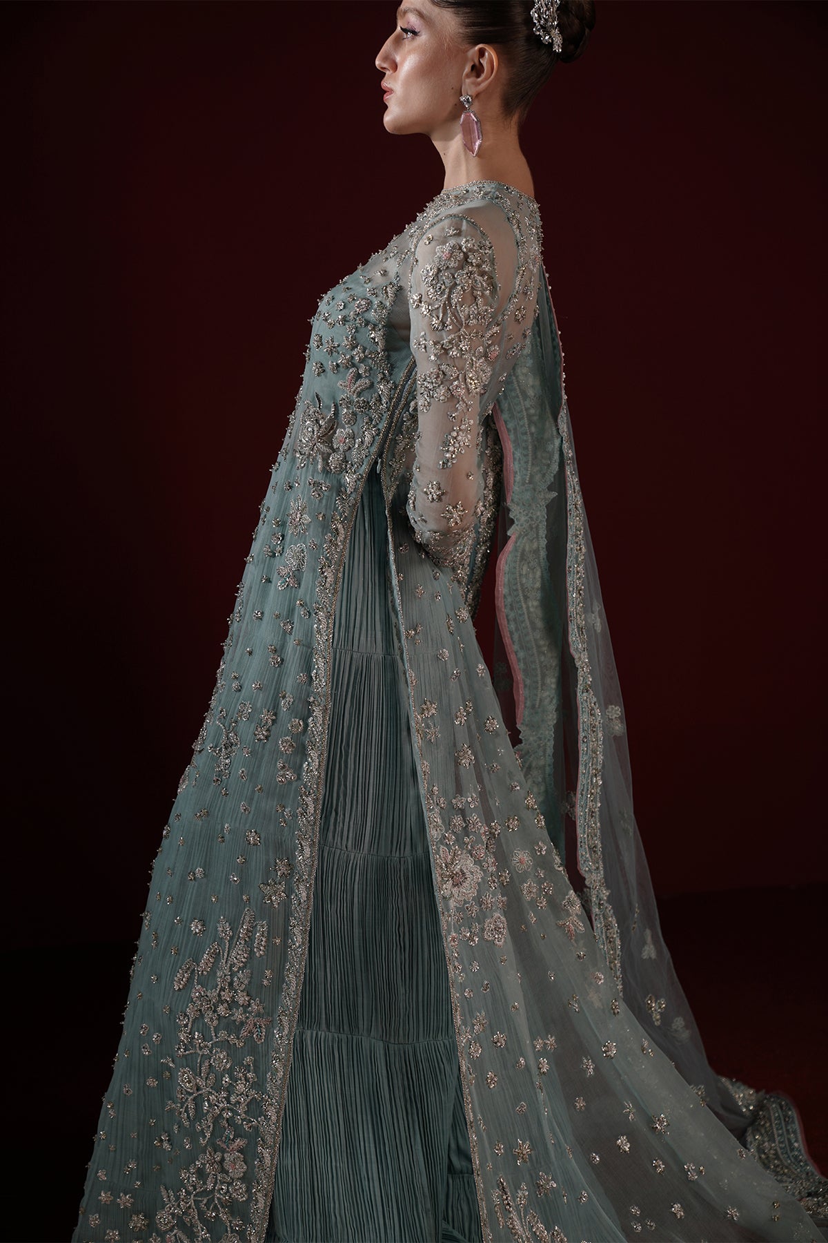 Pakistani Powder Blue Embroidered Organza Salwar Kameez (3-Piece) - Image 4