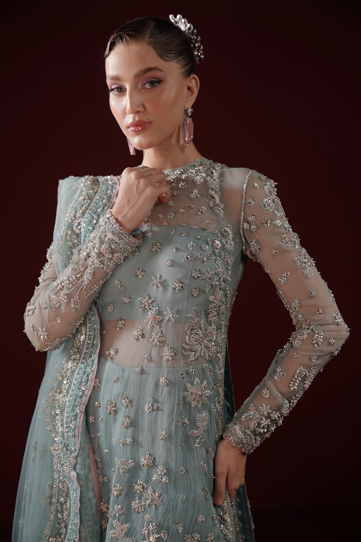 Pakistani Powder Blue Embroidered Organza Salwar Kameez (3-Piece) - Image 5