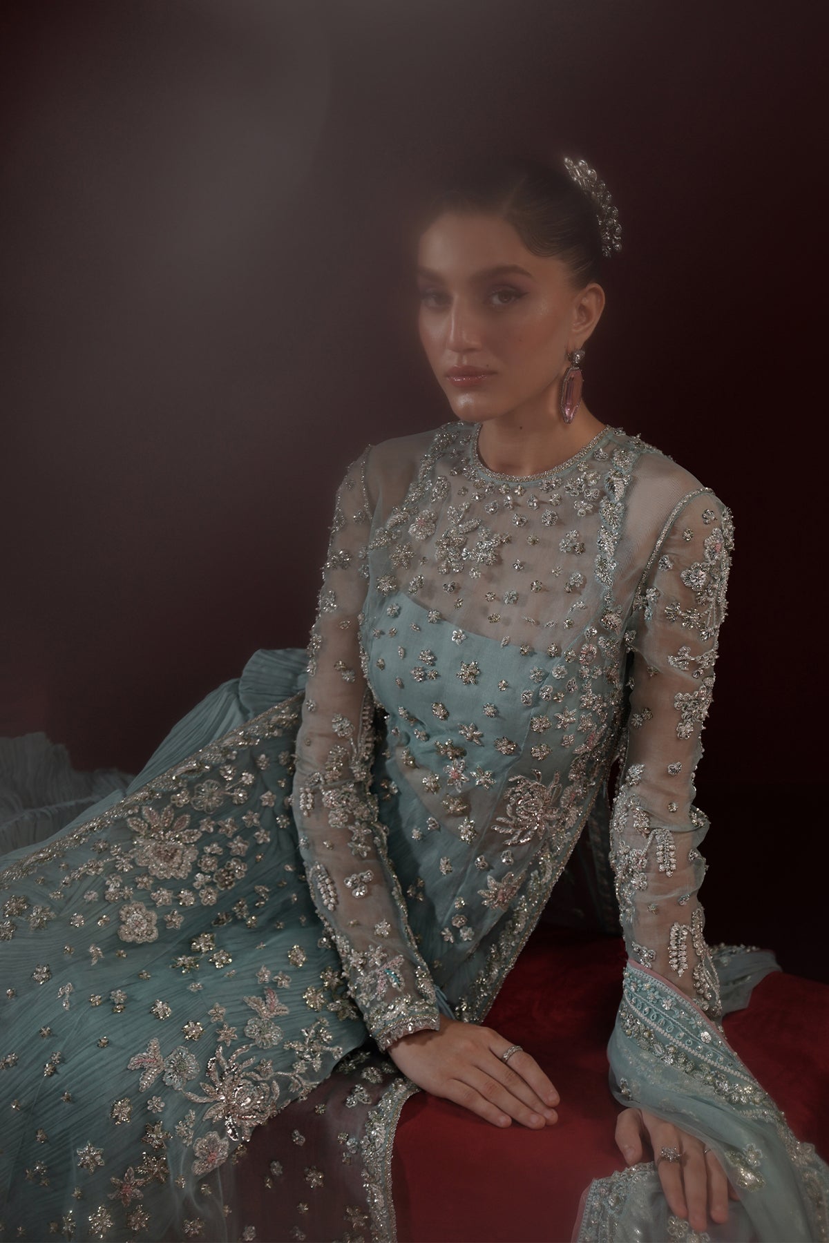 Pakistani Powder Blue Embroidered Organza Salwar Kameez (3-Piece) - Image 6