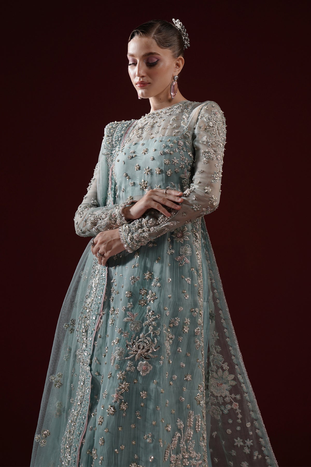 Pakistani Powder Blue Embroidered Organza Salwar Kameez (3-Piece) - Image 7