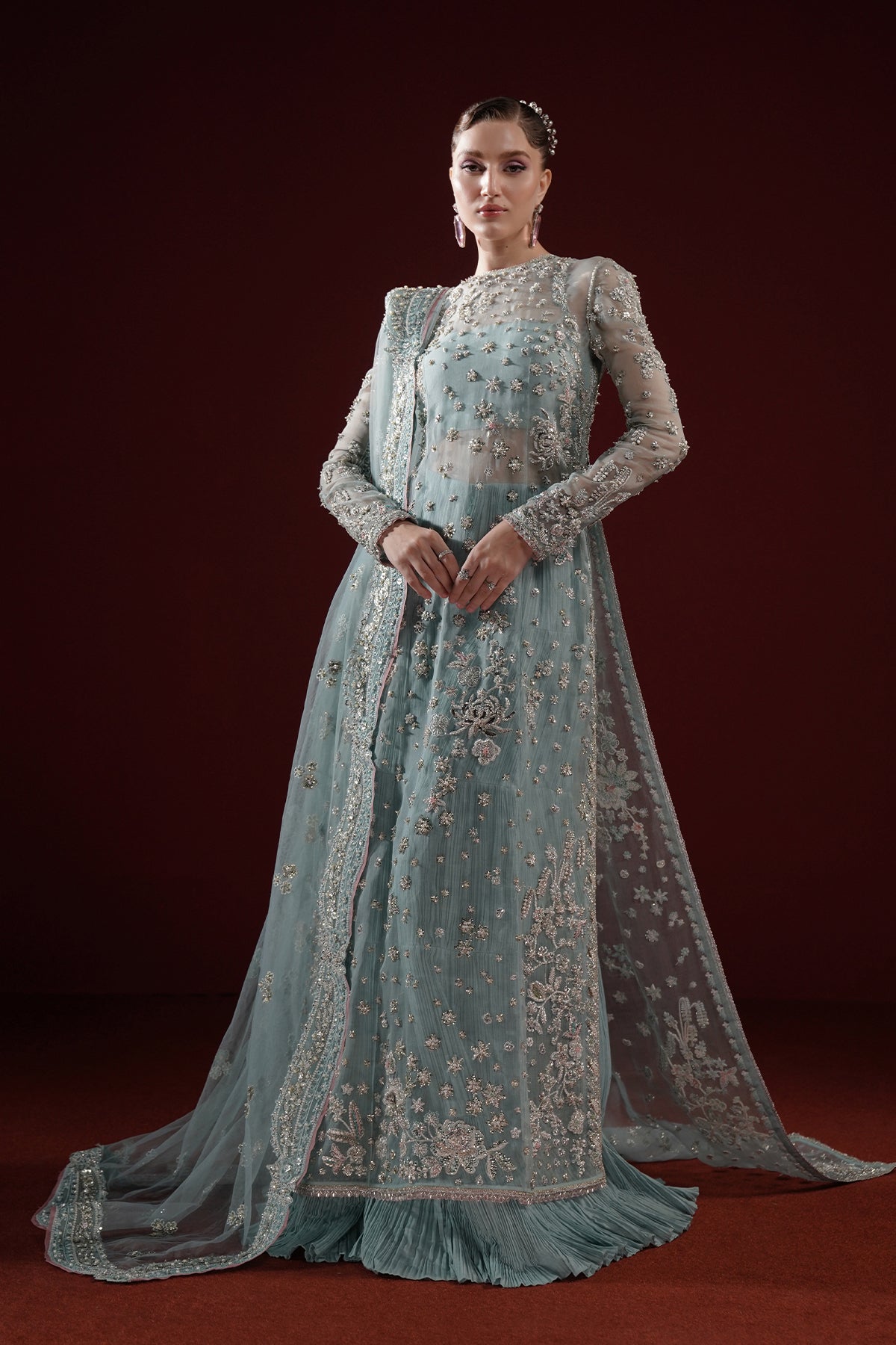 Pakistani Powder Blue Embroidered Organza Salwar Kameez (3-Piece) - Image 8