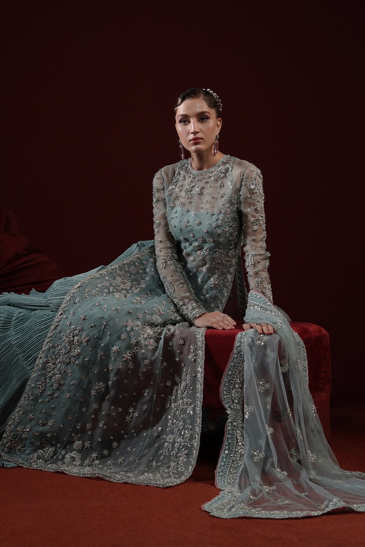 Pakistani Powder Blue Embroidered Organza Salwar Kameez (3-Piece) - Image 9