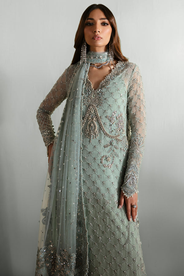 Pakistani Ice-Blue Embellished Organza Long Shirt (3-Piece) - Image 3