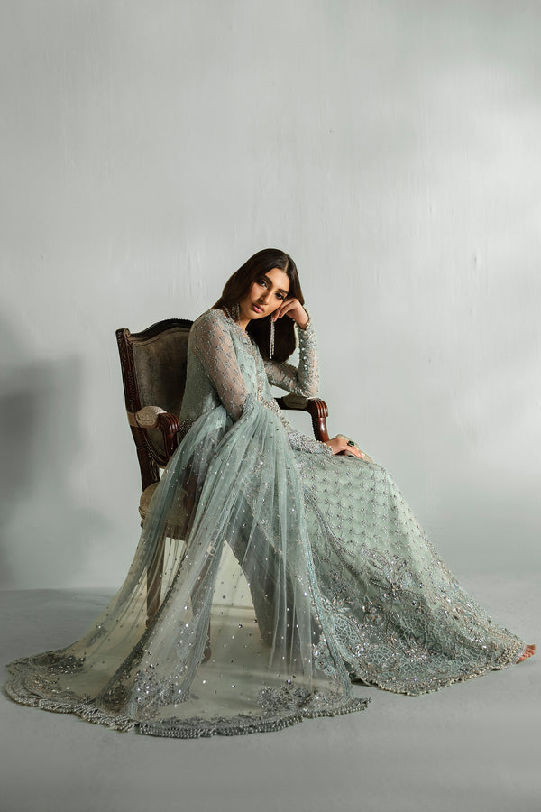Pakistani Ice-Blue Embellished Organza Long Shirt (3-Piece) - Image 6