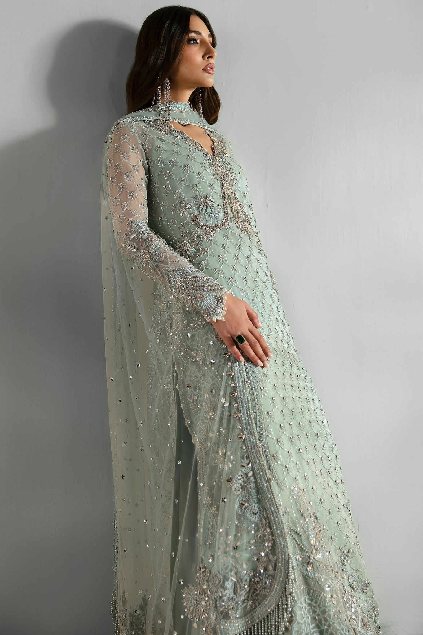 Ice-Blue Embellished Organza & Net Salwar Kameez (3-Piece) - Image 4
