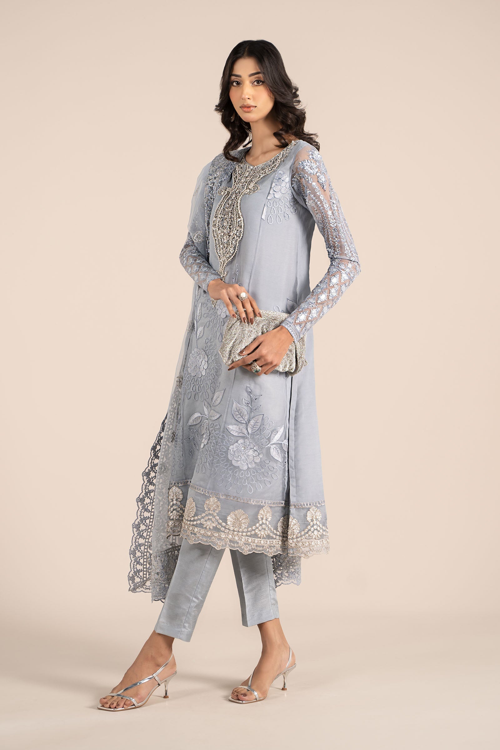 Pakistani Ice Blue Embroidered Organza 3-Piece Suit - Image 10