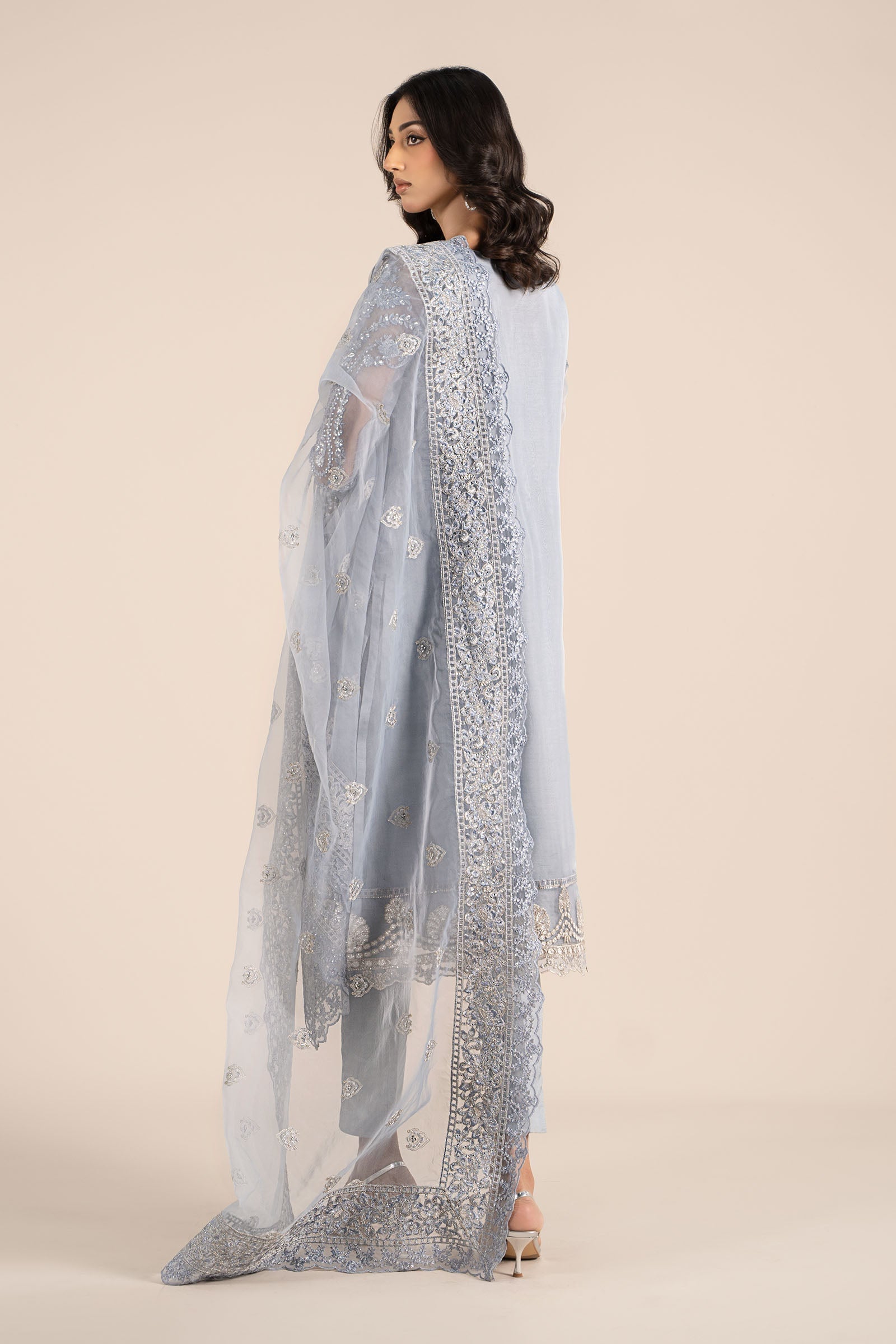 Pakistani Ice Blue Embroidered Organza 3-Piece Suit - Image 11