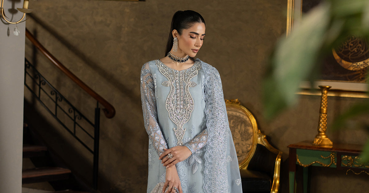 Pakistani Ice Blue Embroidered Organza 3-Piece Suit - Image 12
