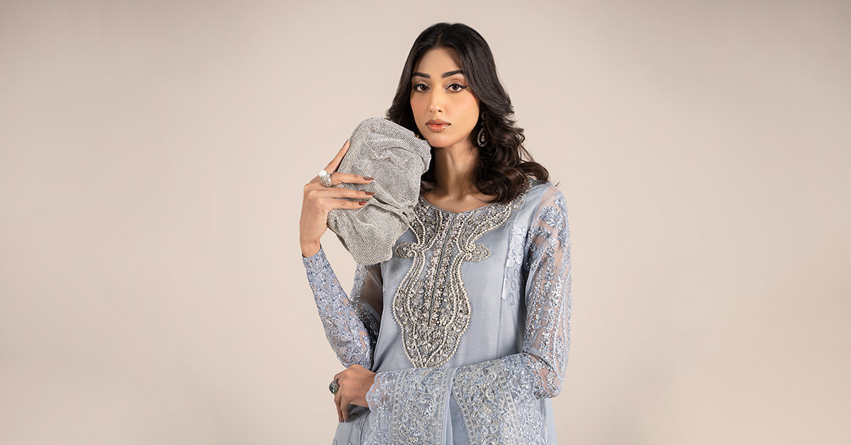 Pakistani Ice Blue Embroidered Organza 3-Piece Suit - Image 13