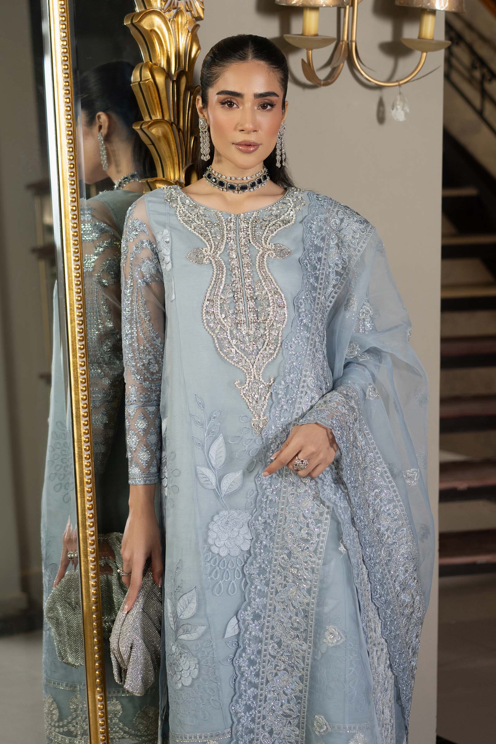 Pakistani Ice Blue Embroidered Organza 3-Piece Suit - Image 2