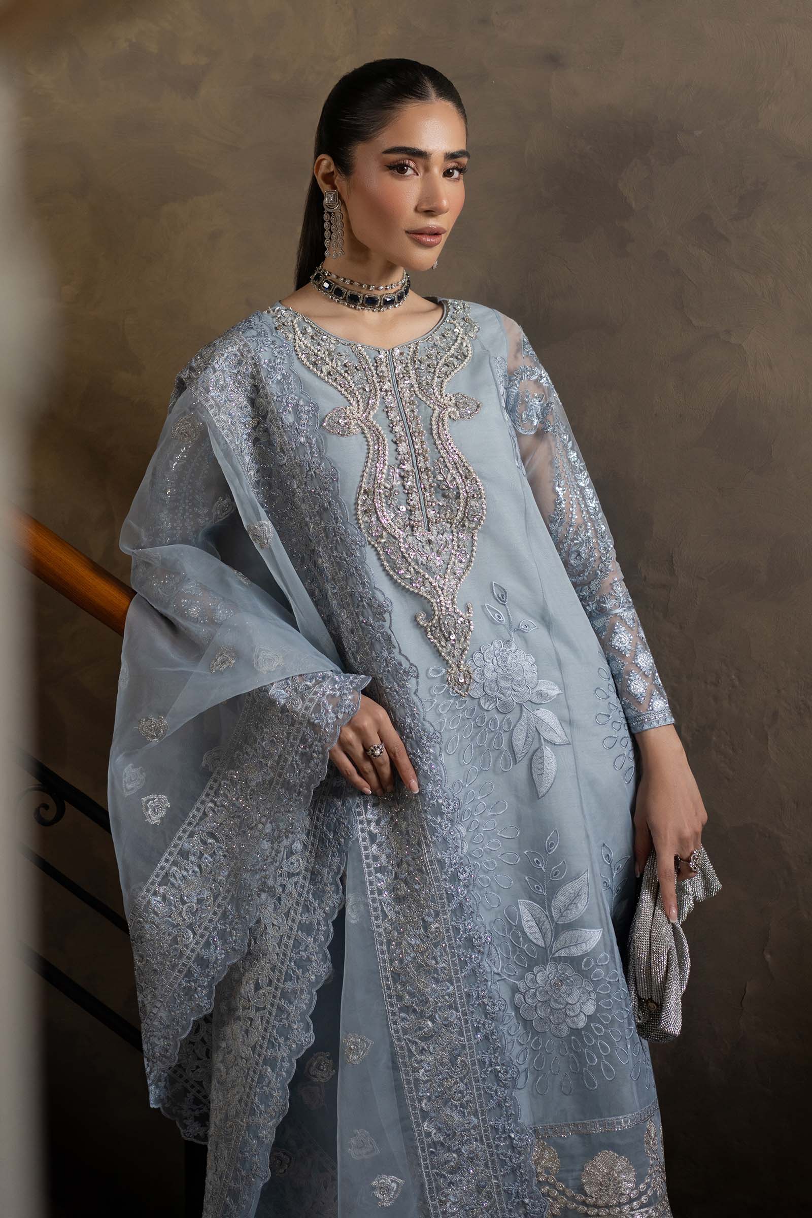 Pakistani Ice Blue Embroidered Organza 3-Piece Suit - Image 3