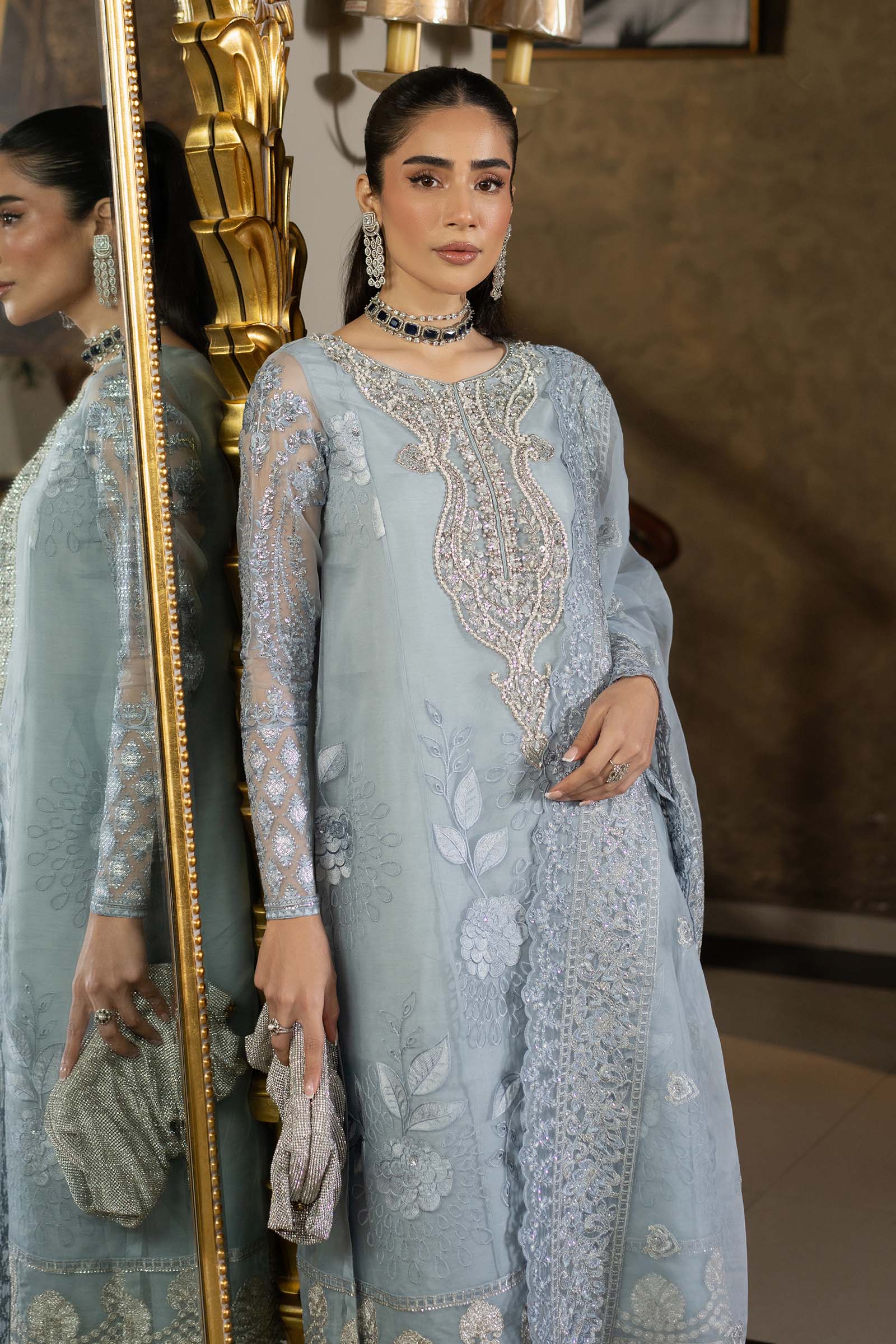 Pakistani Ice Blue Embroidered Organza 3-Piece Suit - Image 4