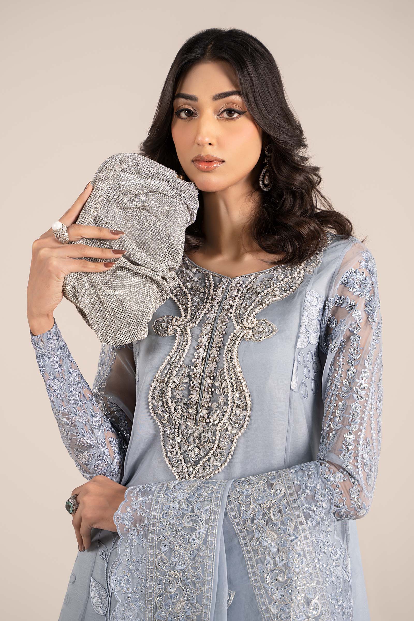 Pakistani Ice Blue Embroidered Organza 3-Piece Suit - Image 6