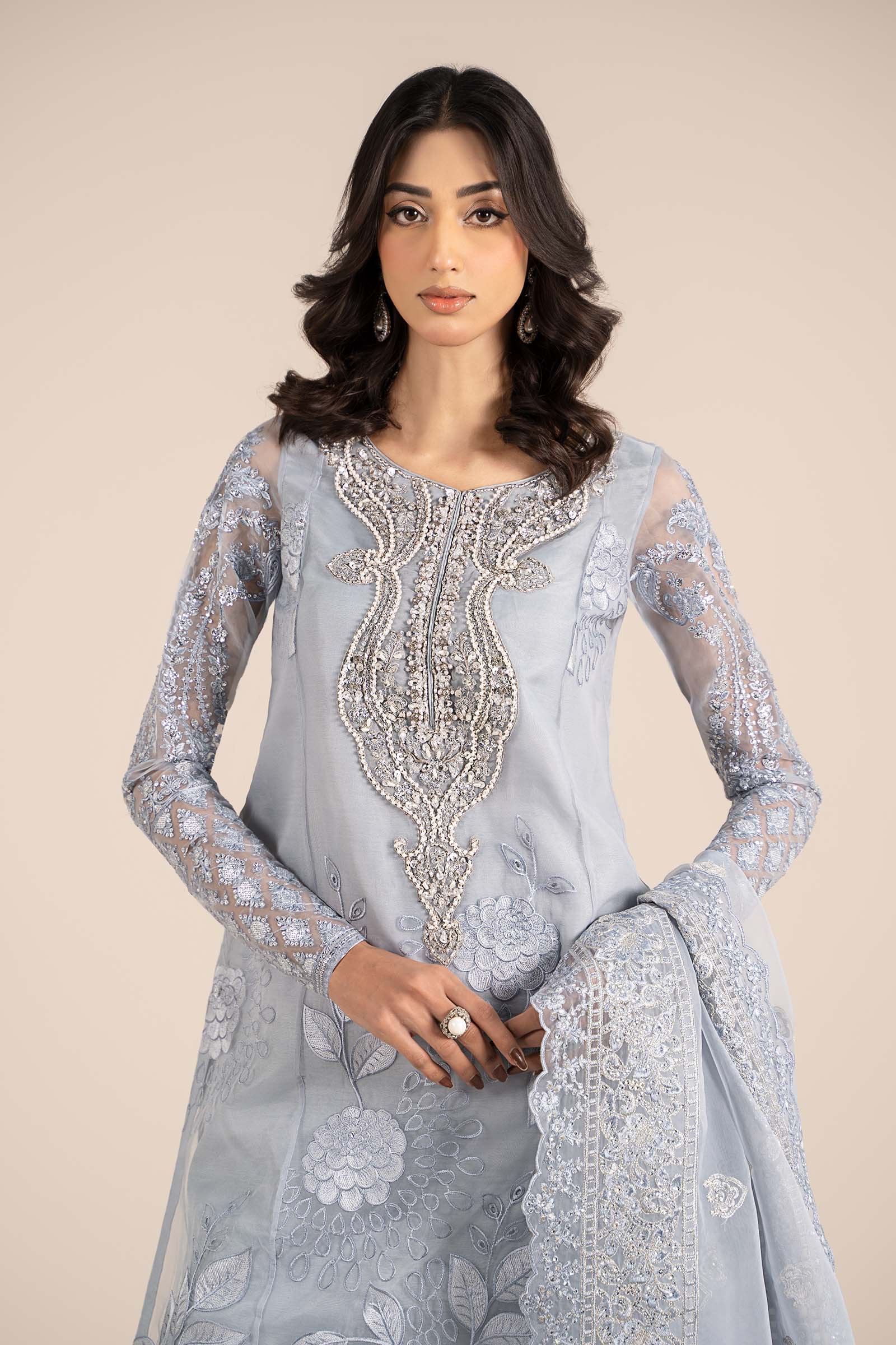Pakistani Ice Blue Embroidered Organza 3-Piece Suit - Image 7