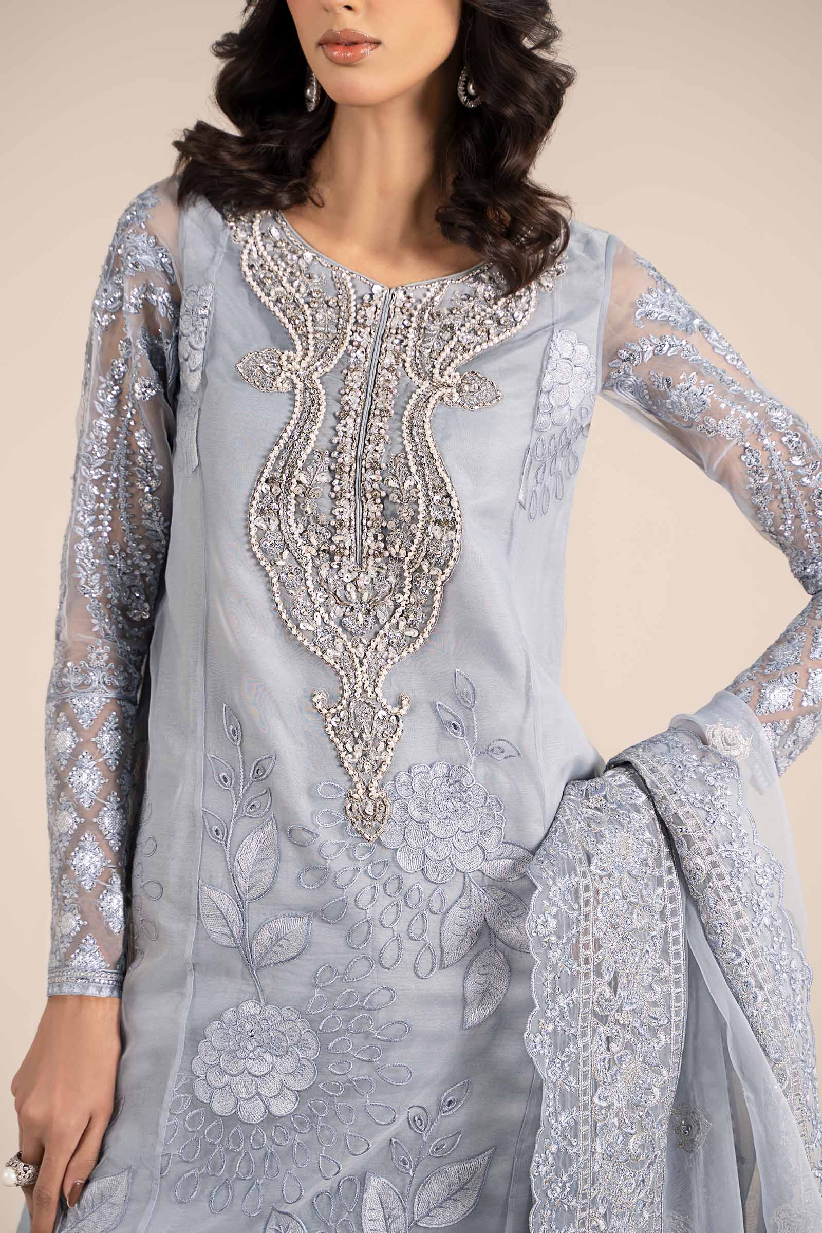 Pakistani Ice Blue Embroidered Organza 3-Piece Suit - Image 8