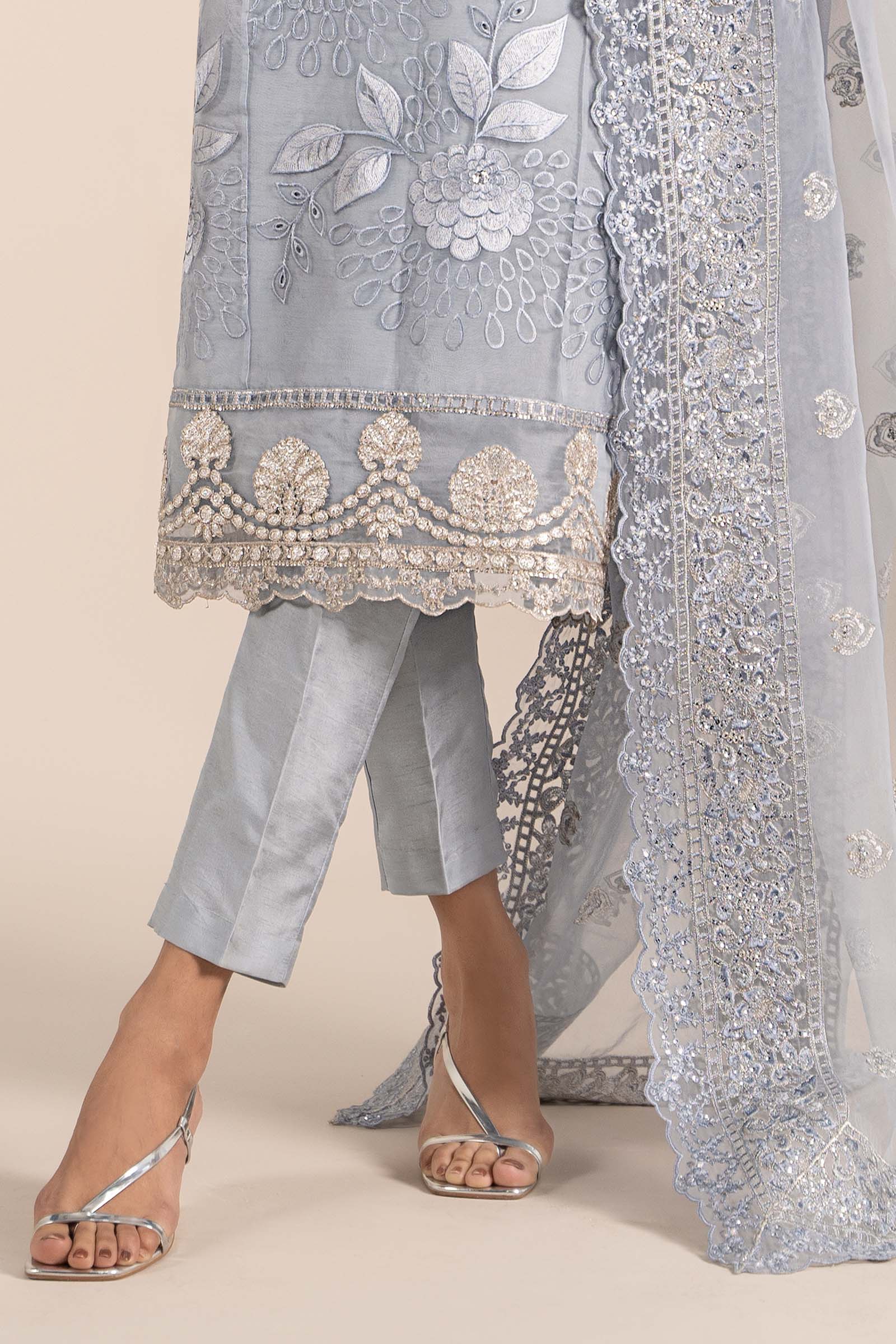 Pakistani Ice Blue Embroidered Organza 3-Piece Suit - Image 9