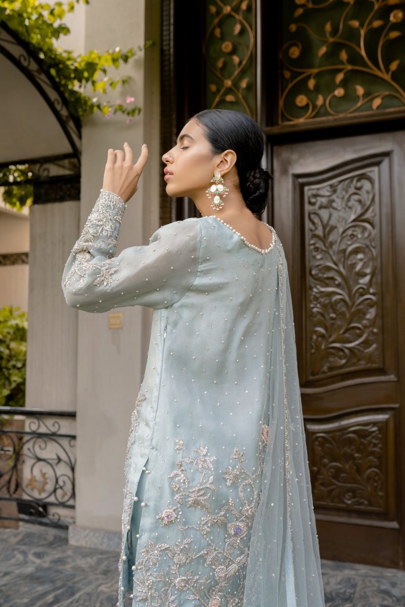 Powder Blue Hand-Embellished Organza Salwar Kameez (3-Piece) - Image 4