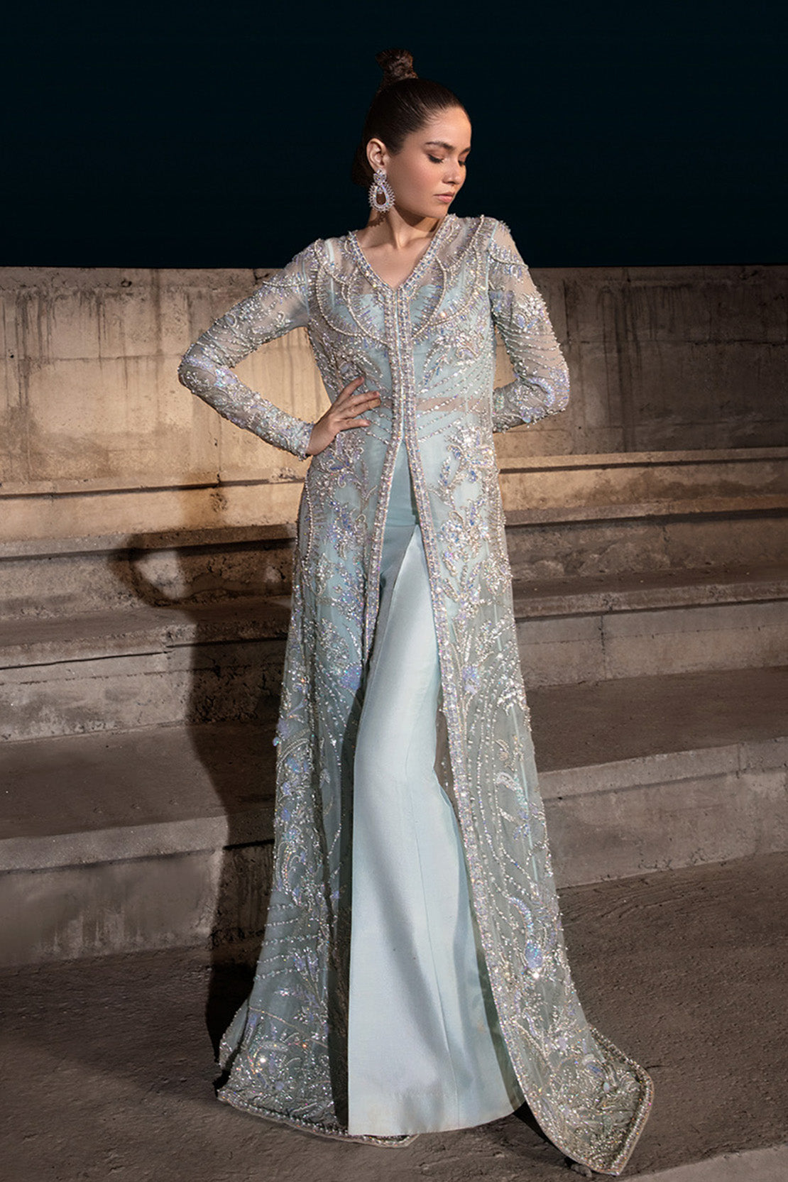 Ice Blue Embellished Organza Jacket Set (2-Piece) - Image 1