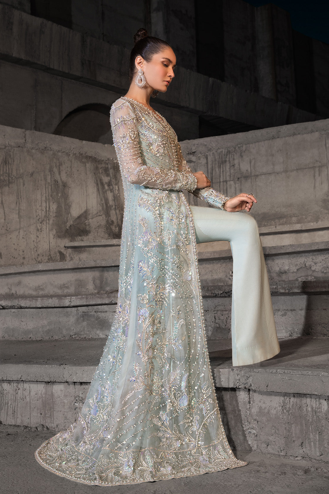 Ice Blue Embellished Organza Jacket Set (2-Piece) - Image 4